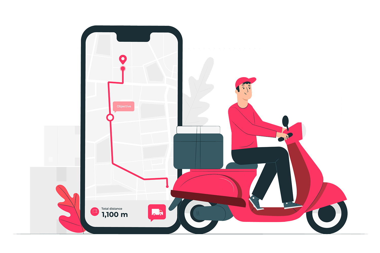 וקטור שליח על קטנוע עם אפליקציה לניהול משלוחים